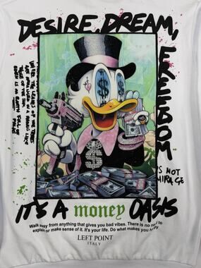 Left Point White Men's Pullover Sweatshirt Duck Graphic Money Oasis Size Medium